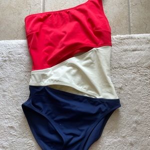 Solid and striped asymmetrical one piece